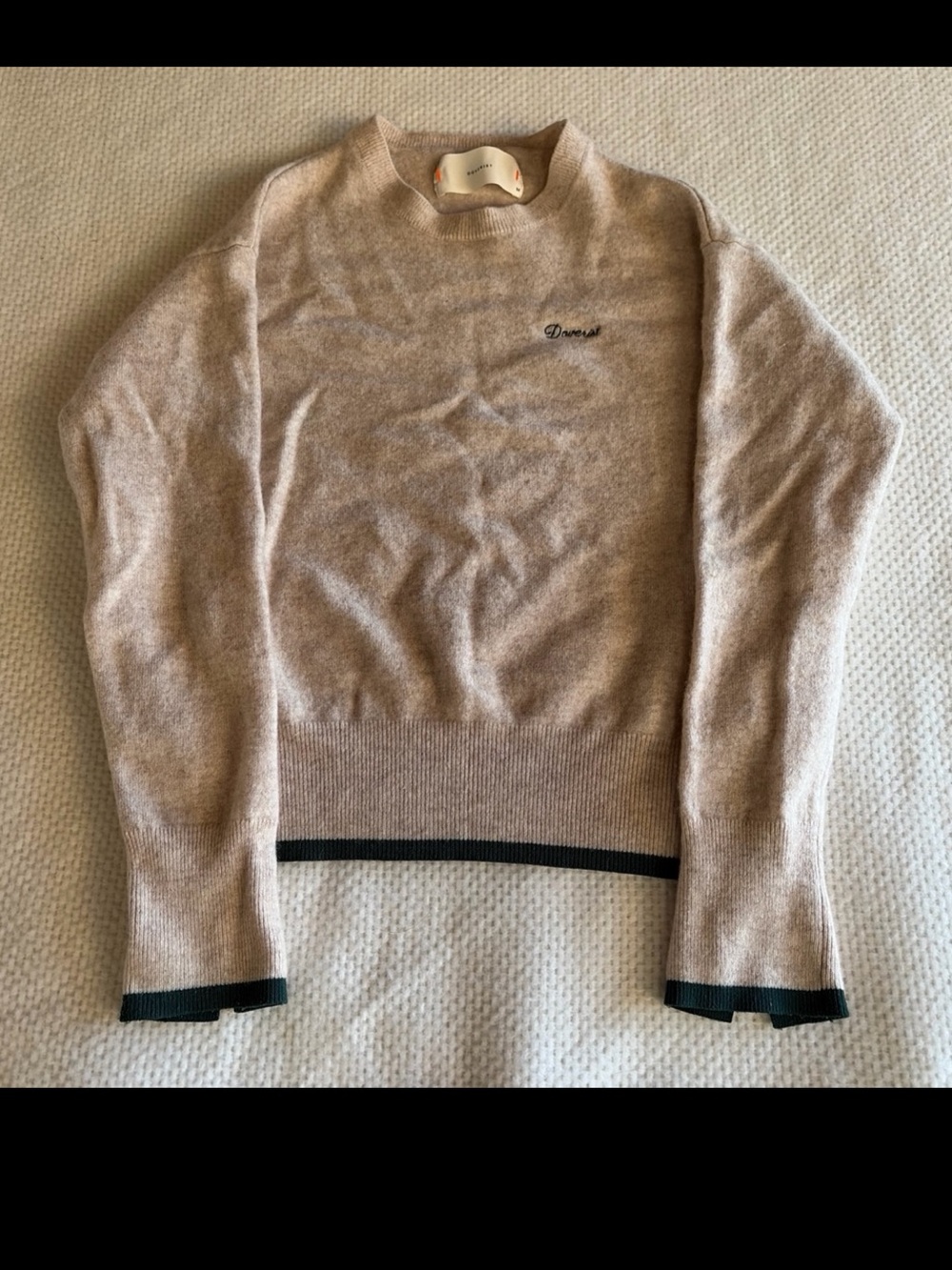 DREW Neutral Beige Crewneck Sweater with green Trim